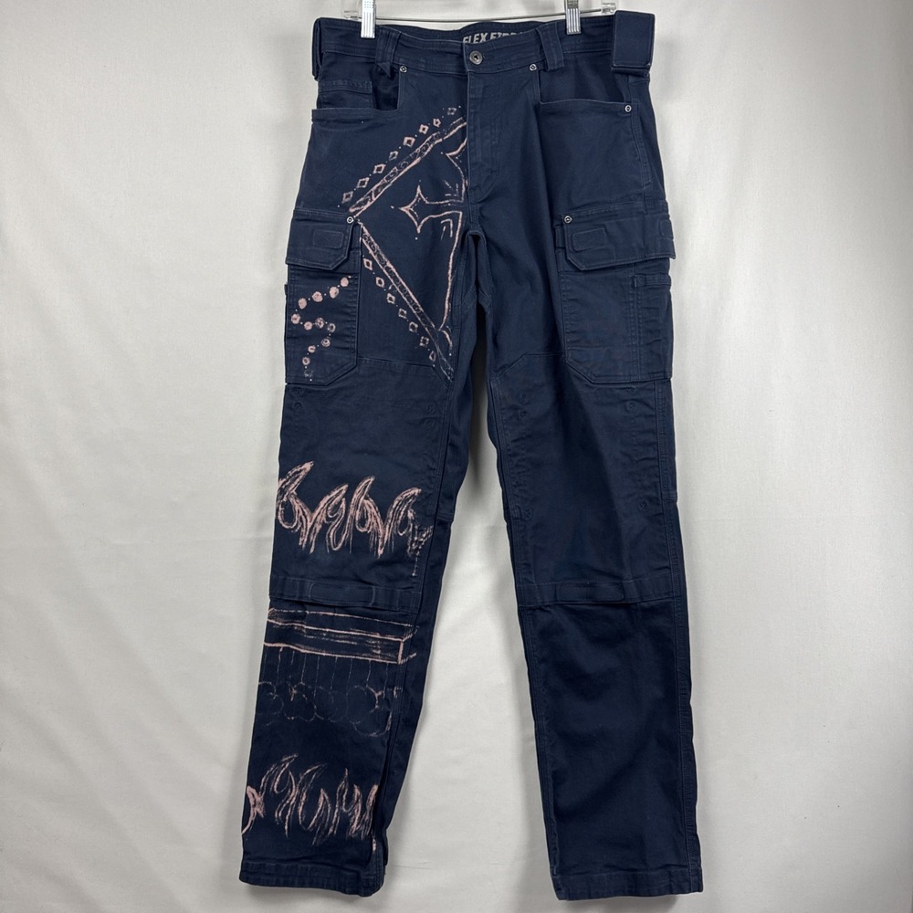 Cargo Pants Bleach Art Goth Punk Grunge Duluth Flex Fire Hose Sz 34x36 blue
